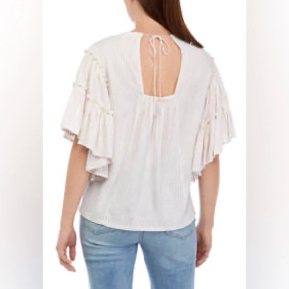 Chelsea & Theodore Flutter Bell Sleeves Taupe and White Blouse NWT XS - Picture 2 of 8